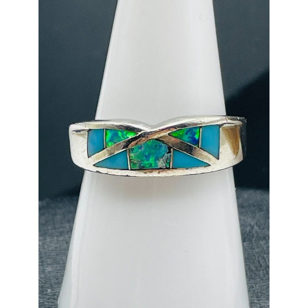 Southwest Sterling Silver Ring Lab Opal Turquoise Inlay Band Size 7 Signed AV - Picture 8 of 12